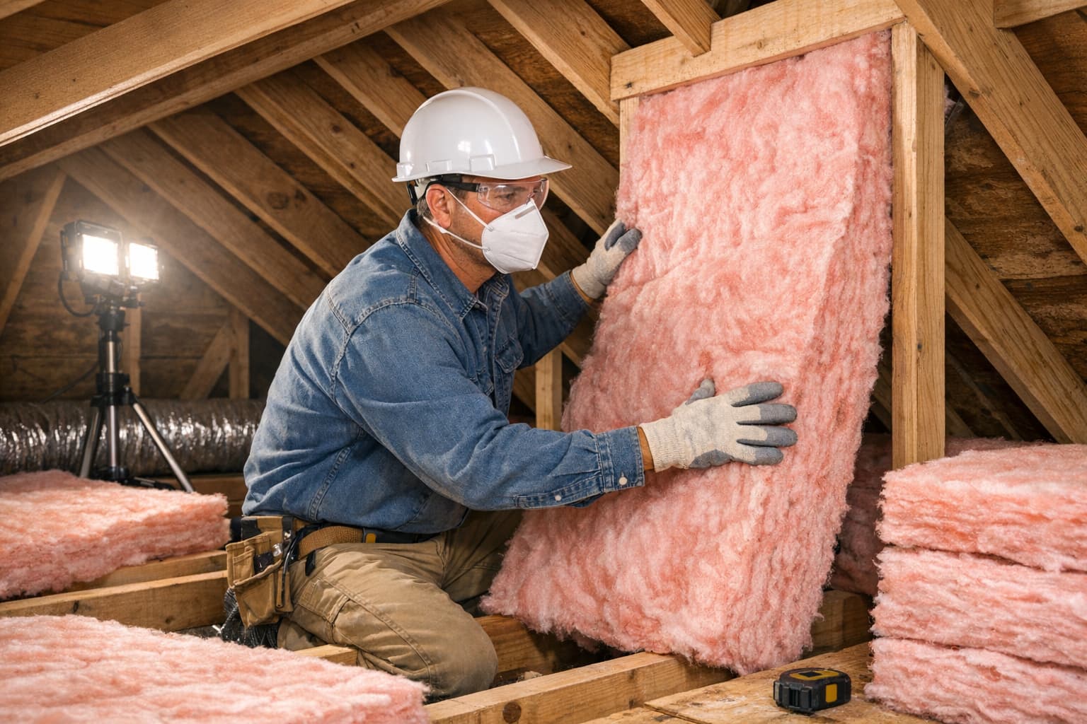 Worker installing insulation in North Carolina home attic