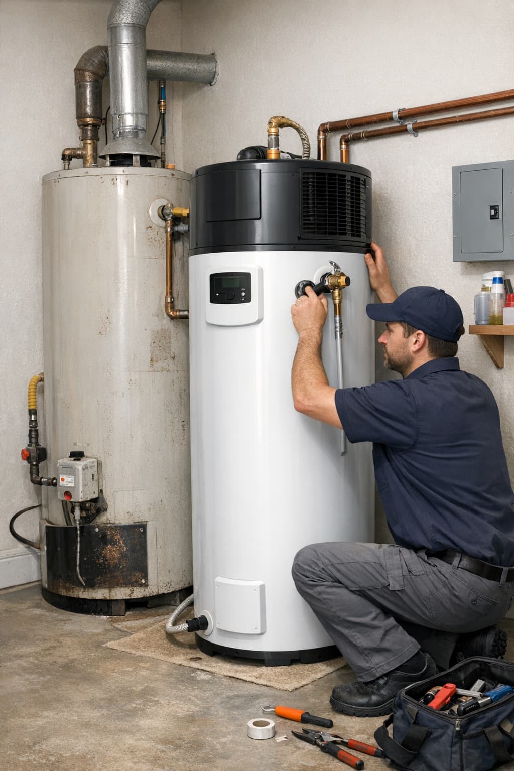 Technician installing heat pump water heater replacing gas unit