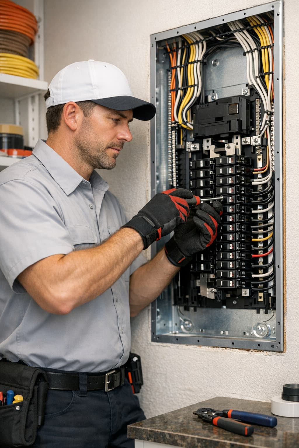 Licensed electrician installing upgraded electrical panel in North Carolina home