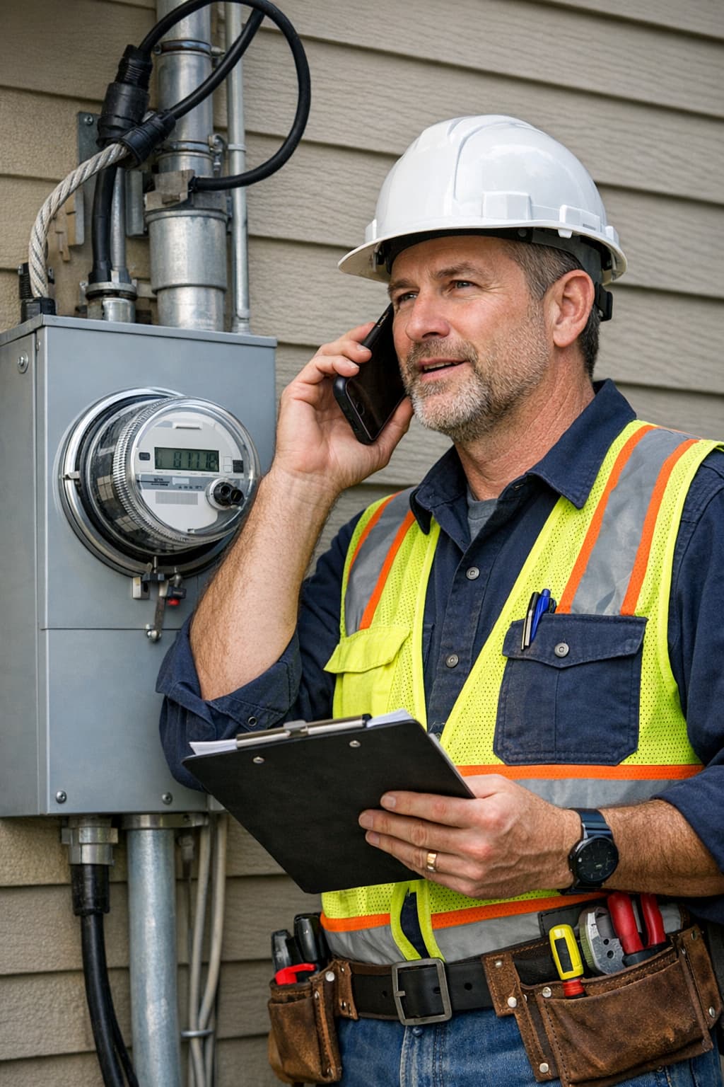 Electrician coordinating with utility company at residential meter