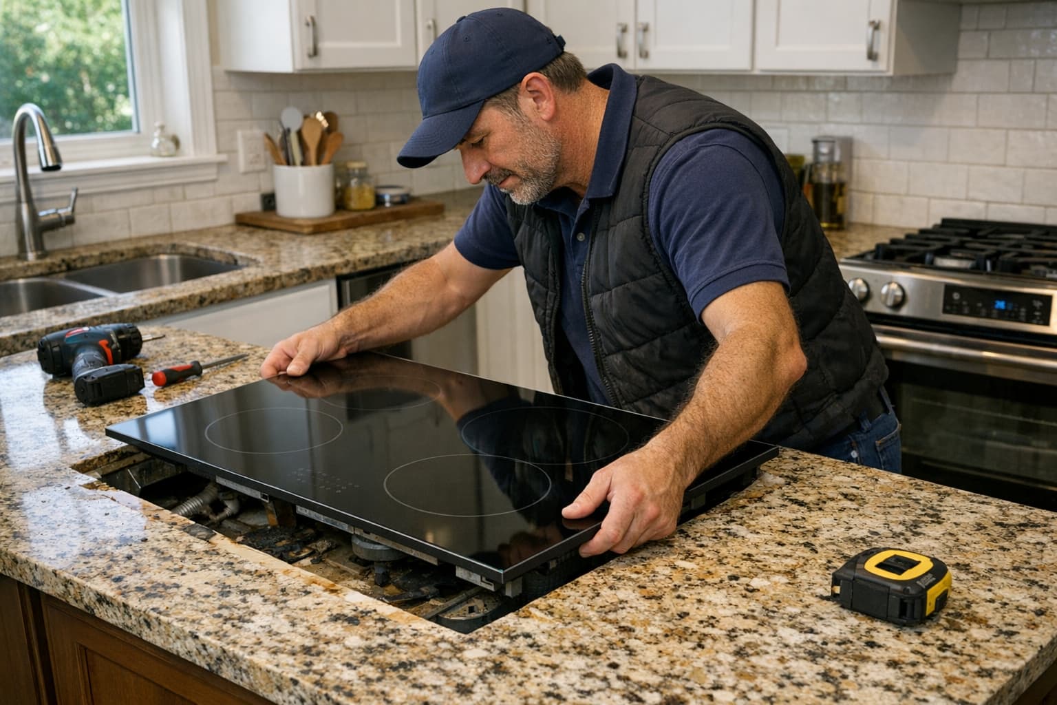 Installer fitting new induction cooktop replacing gas stove