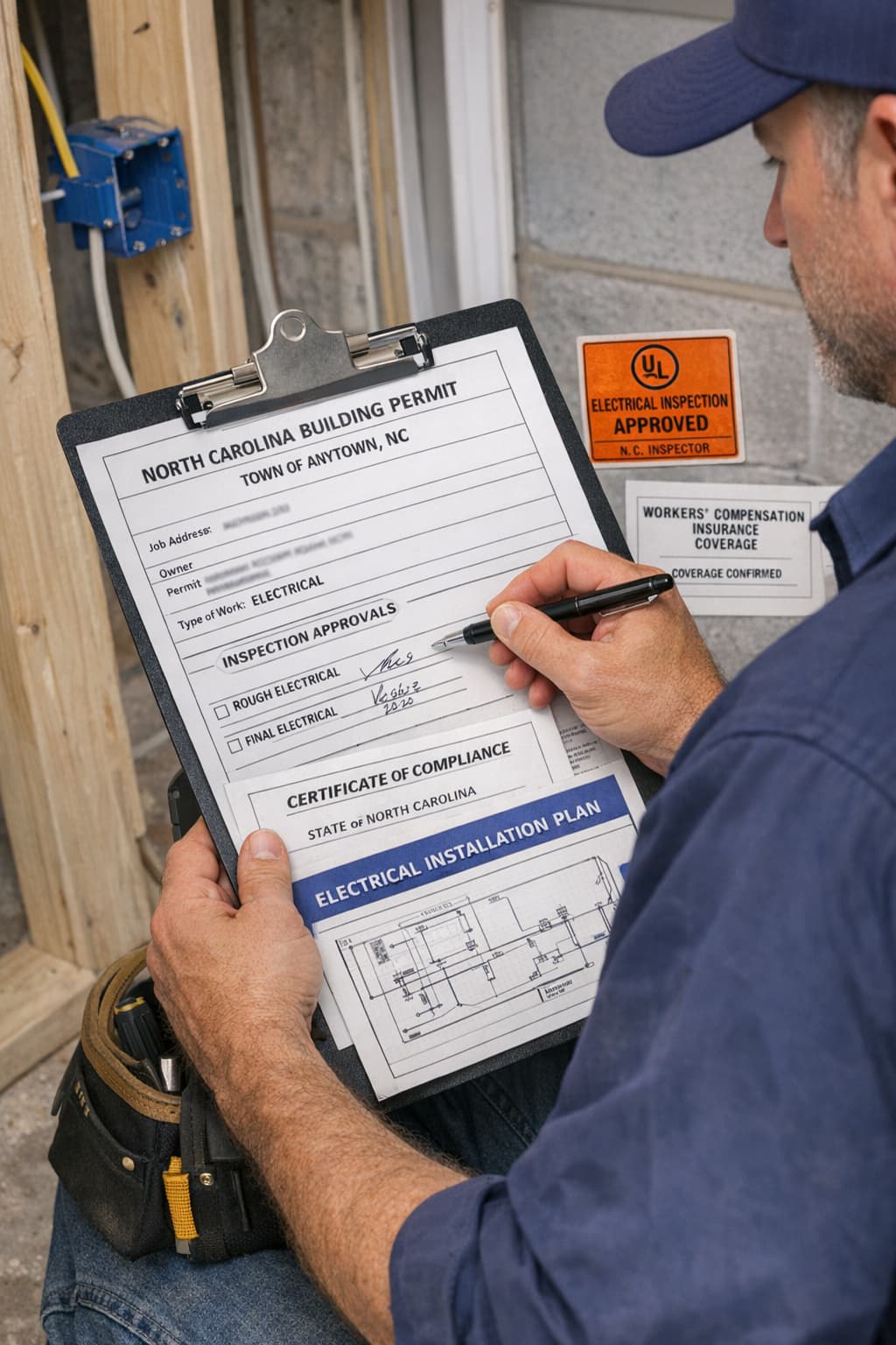 Electrician reviewing permits and compliance documents