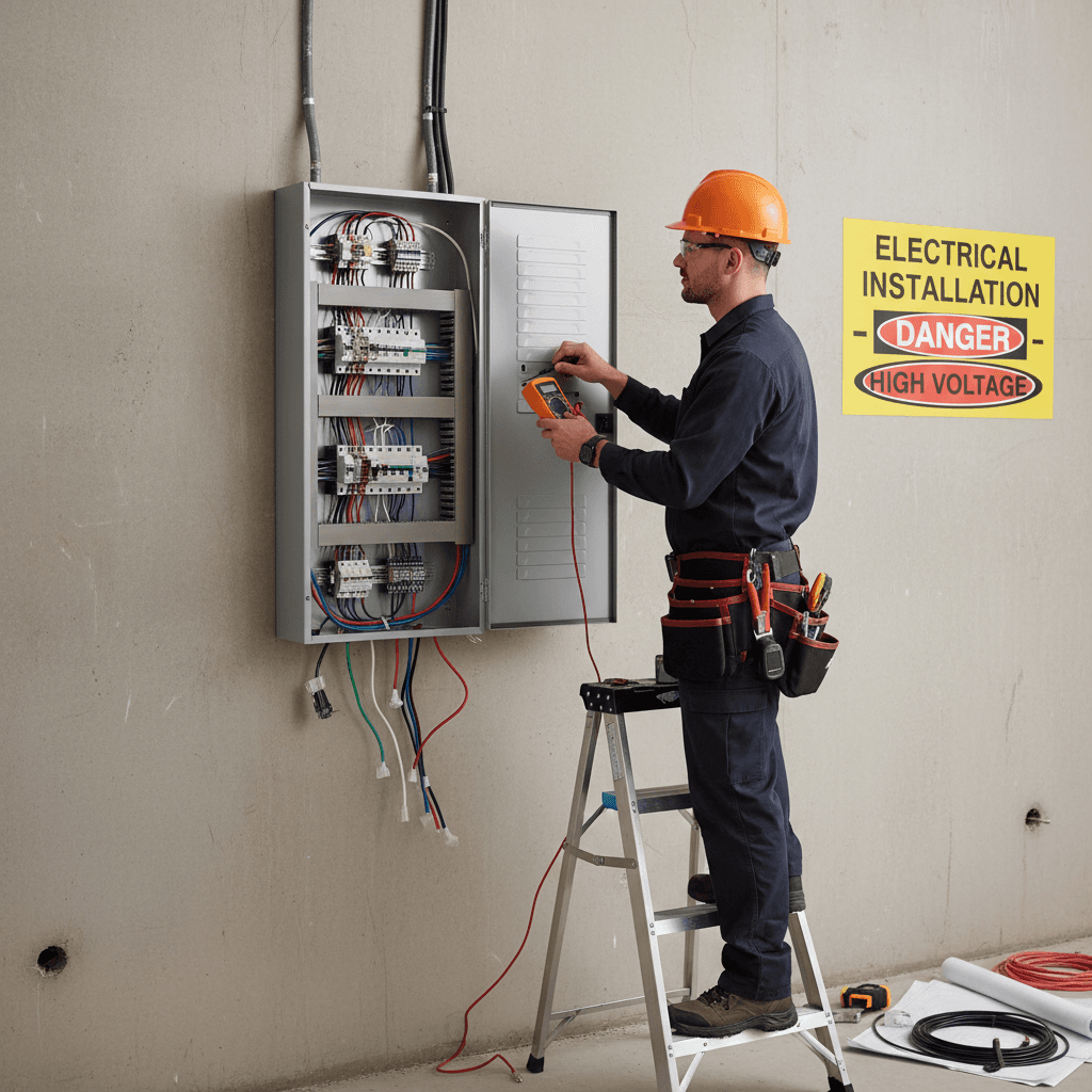 Electrician inspecting a newly installed electrical box