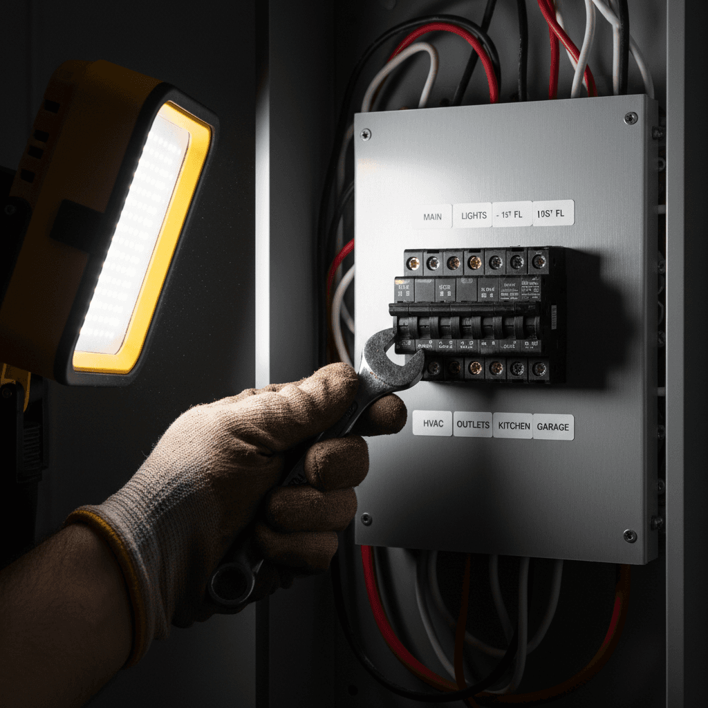 Contractor's hand working on a new electrical panel