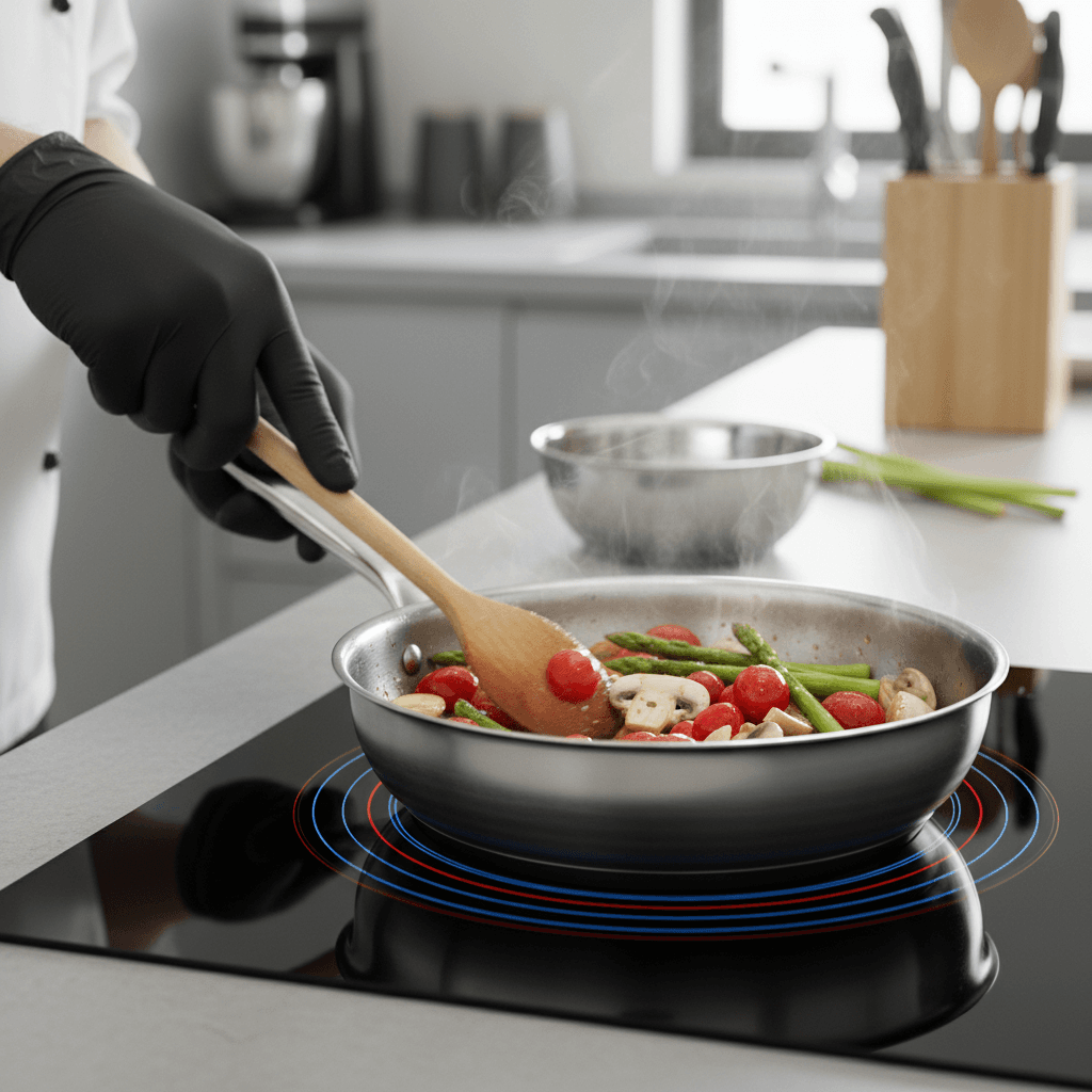 Hand cooking on an induction cooktop with a stainless steel pan