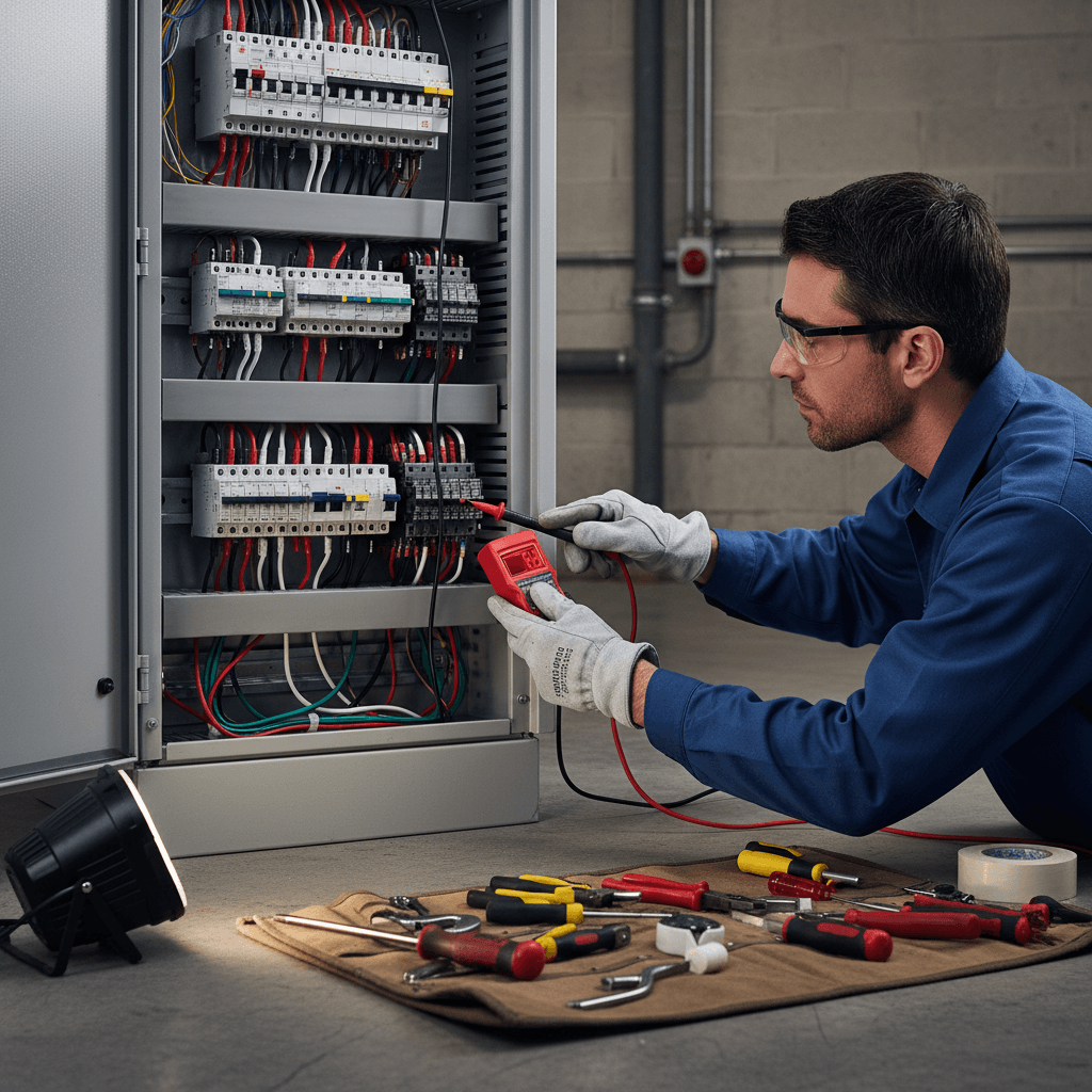 Electrician inspecting an electrical panel with a voltage tester