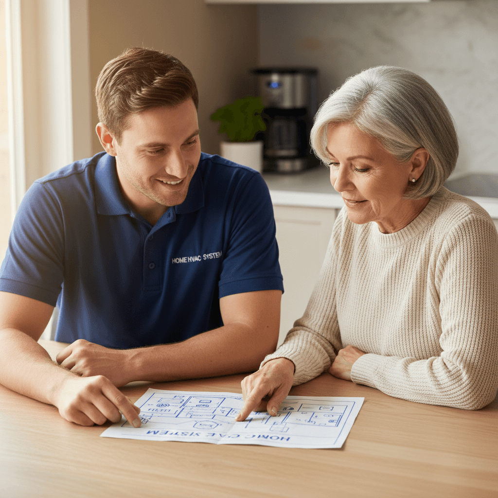 Technician explaining upgrade plans to an elderly homeowner at a kitchen table