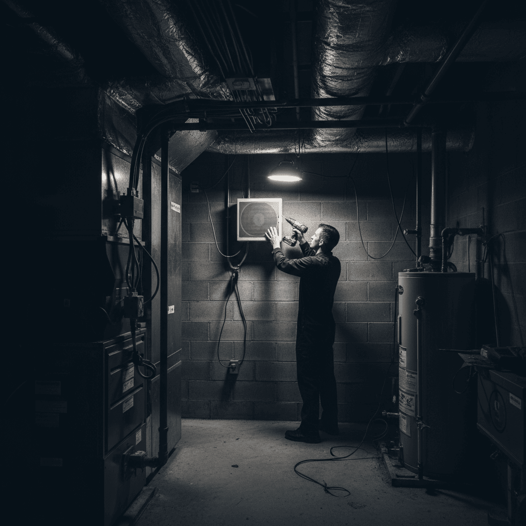 Technician installing a ventilation unit on a wall