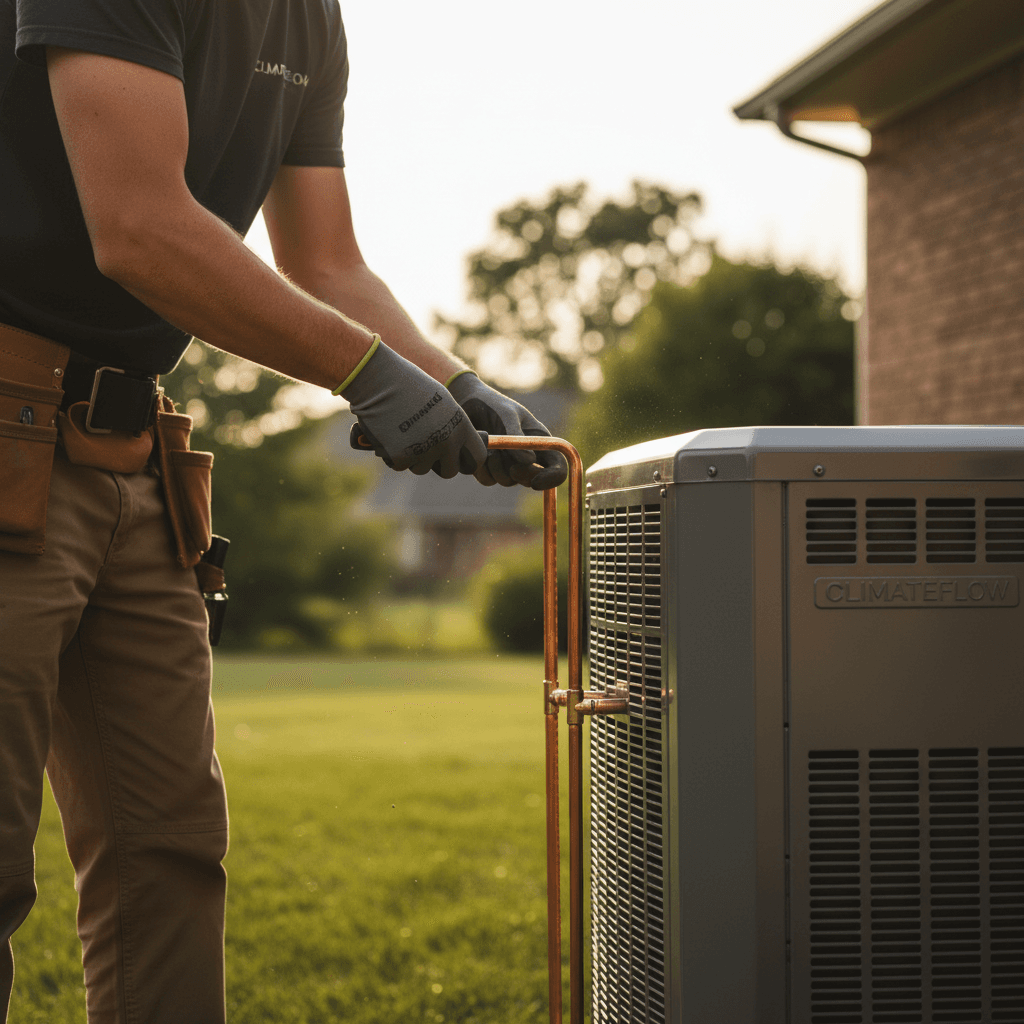 HVAC technician connecting copper lines to a heat pump unit