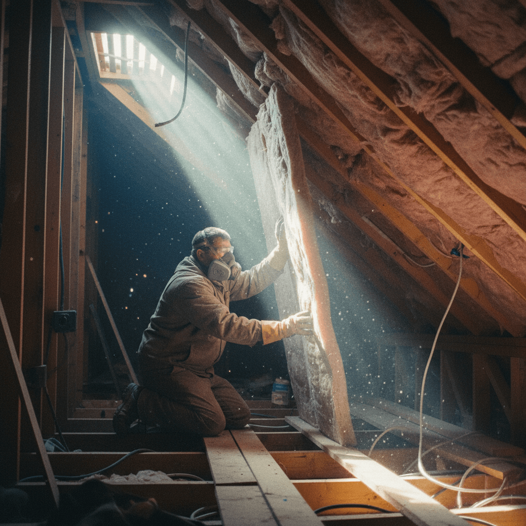 Contractor laying insulation in a residential attic