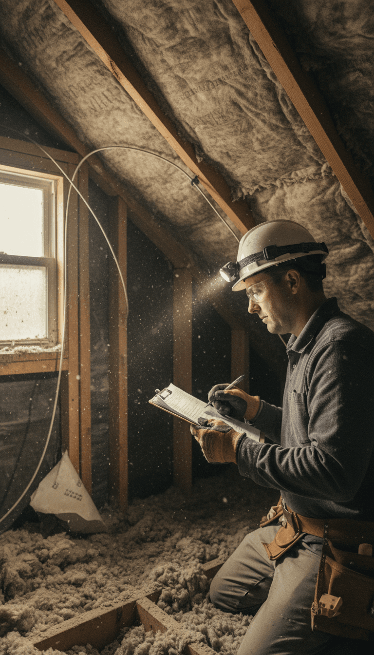 Home energy assessor inspecting attic insulation during a HOMES program assessment