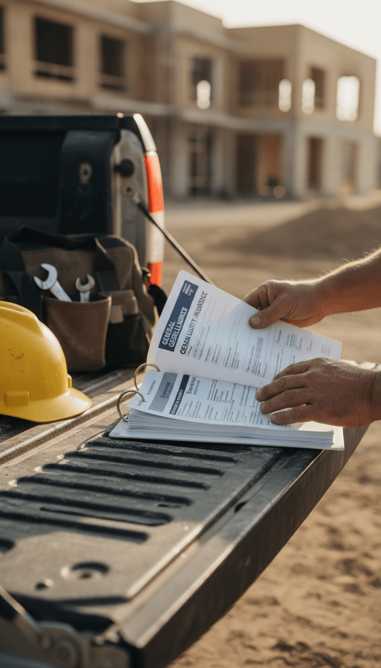 Contractor reviewing permit paperwork on a work truck tailgate