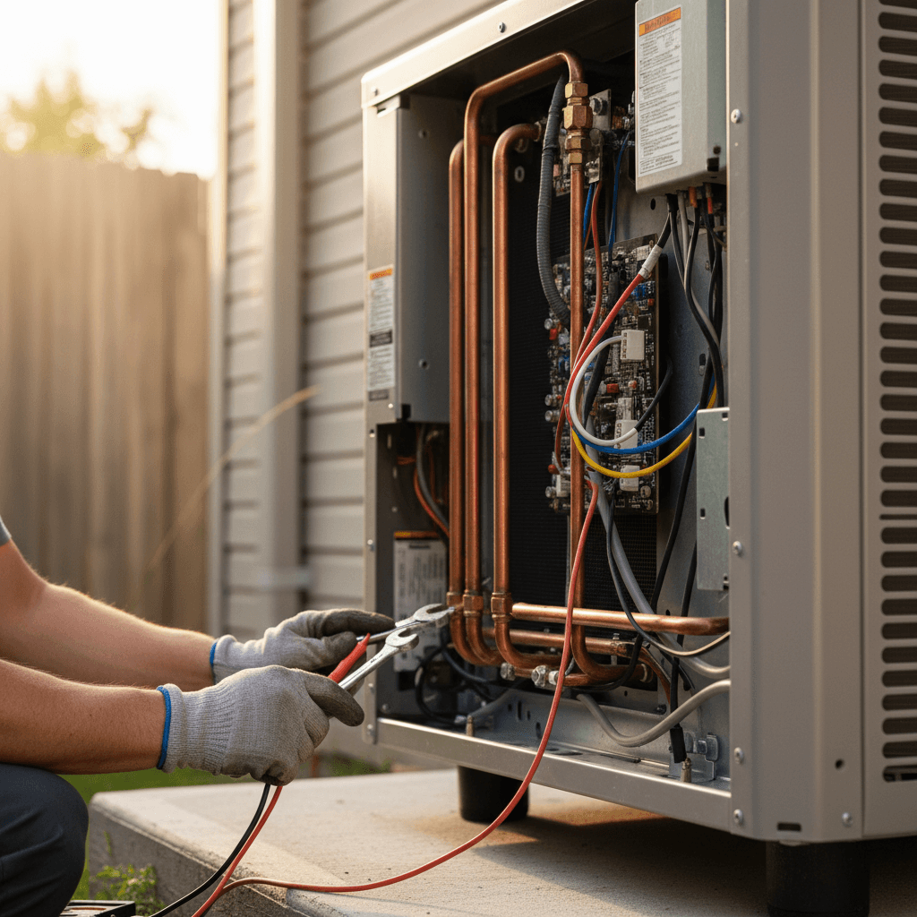 Technician adjusting a heat pump unit outside a home