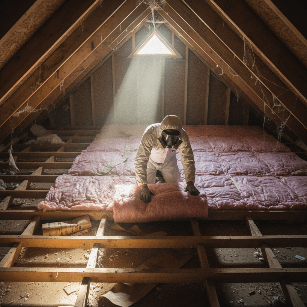 Worker installing insulation in an attic