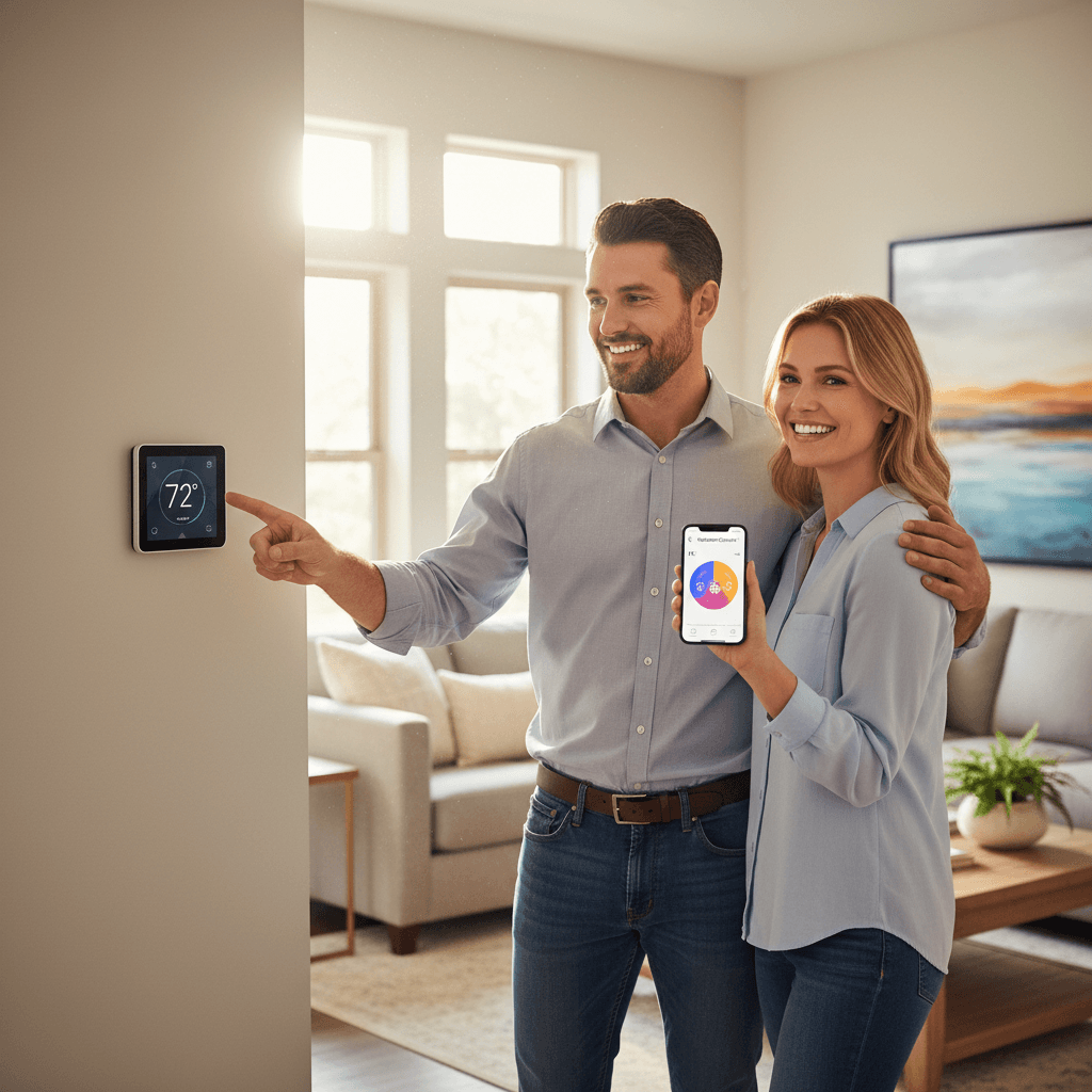Contractor explaining new smart thermostat to a happy homeowner