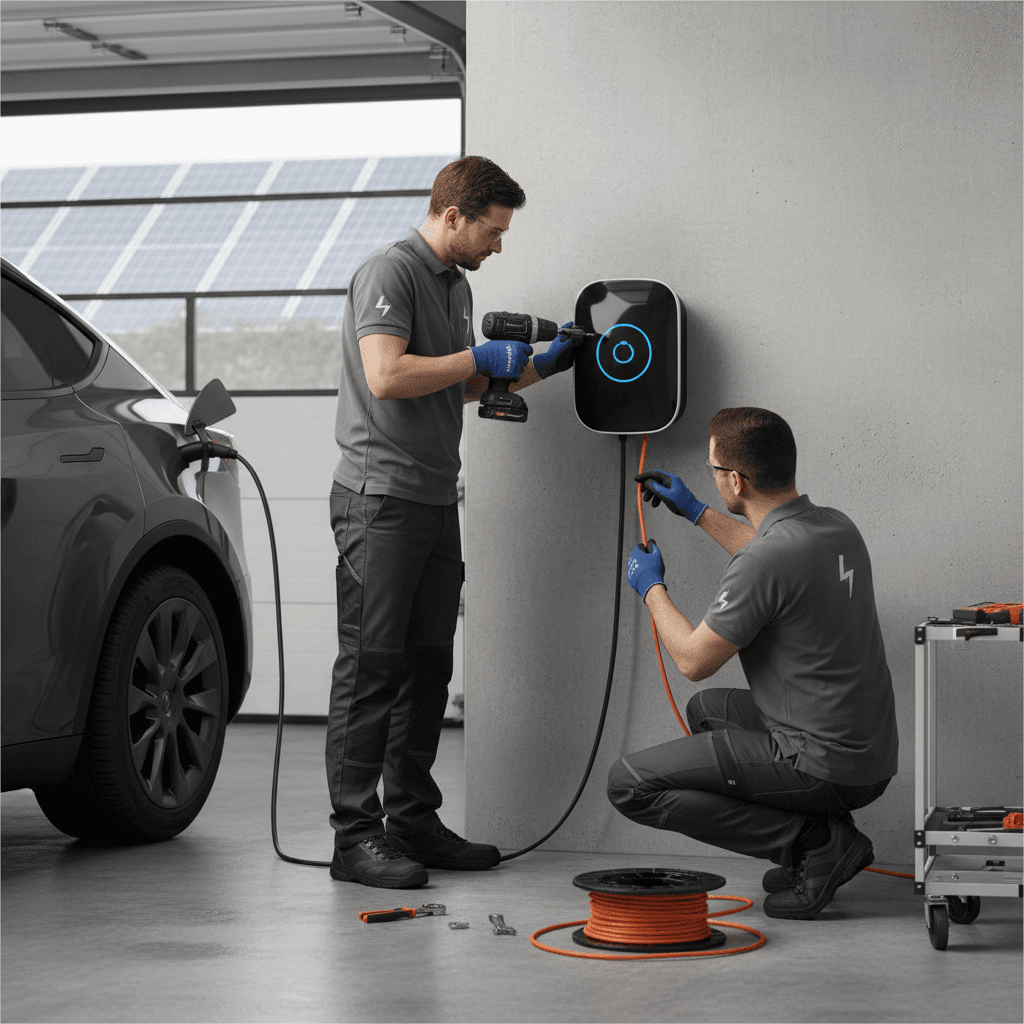 Technician installing a heat pump outdoor unit