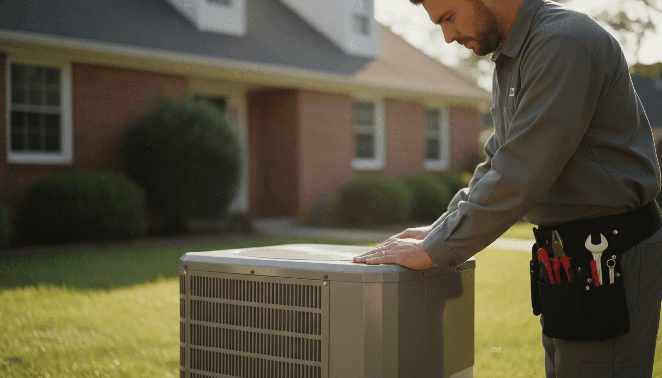 Contractor inspecting a heat pump outside a North Carolina home