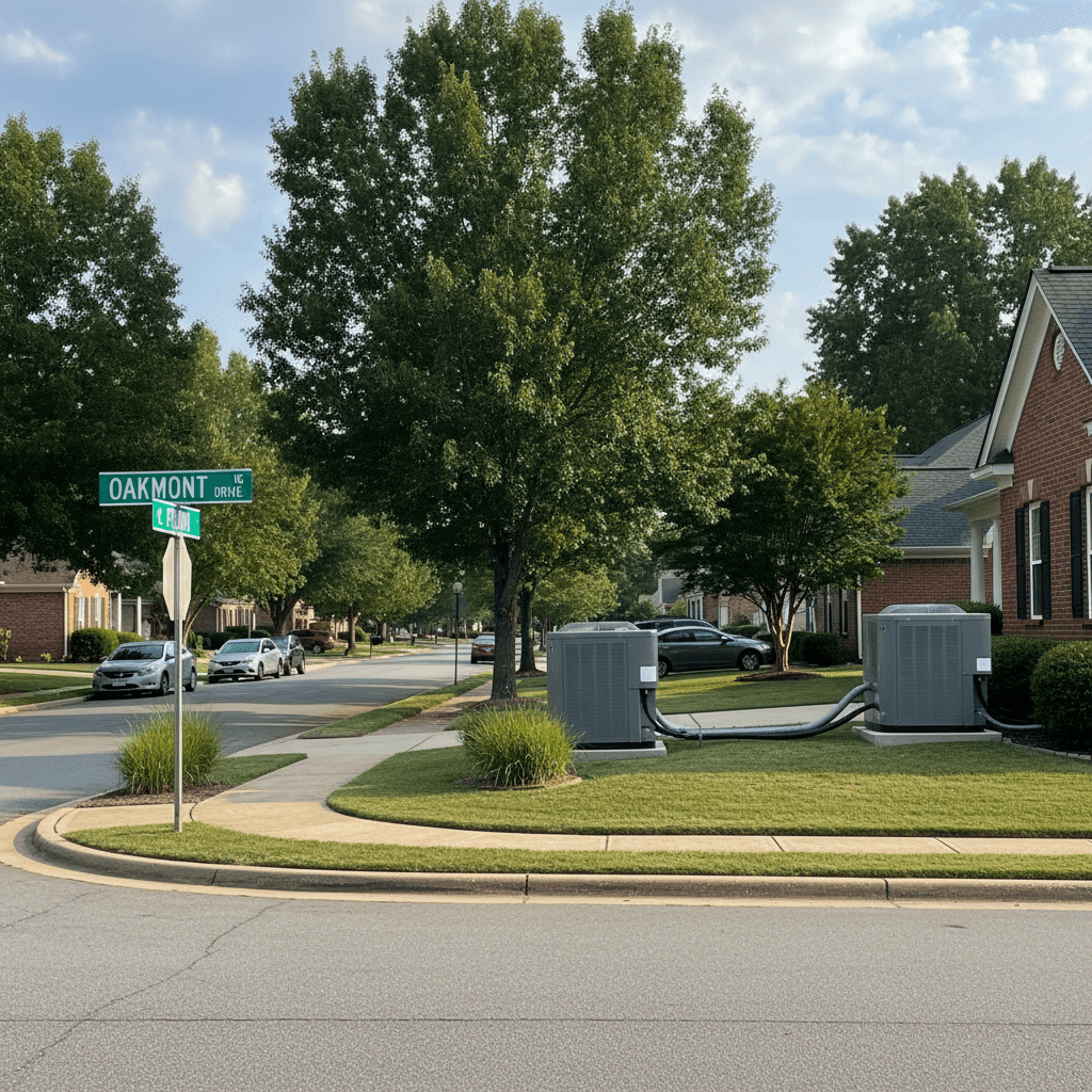 Residential street with heat pump units beside homes