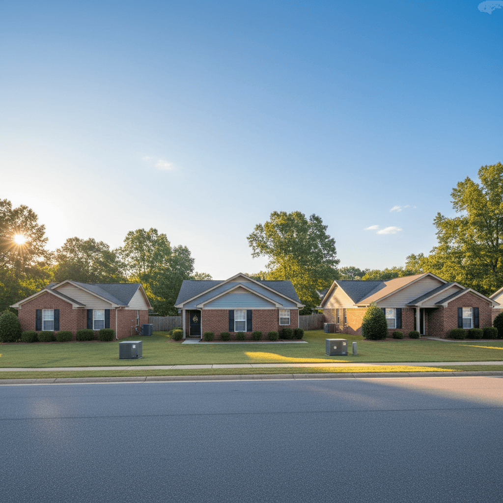 Row of modest homes with heat pump units installed outside