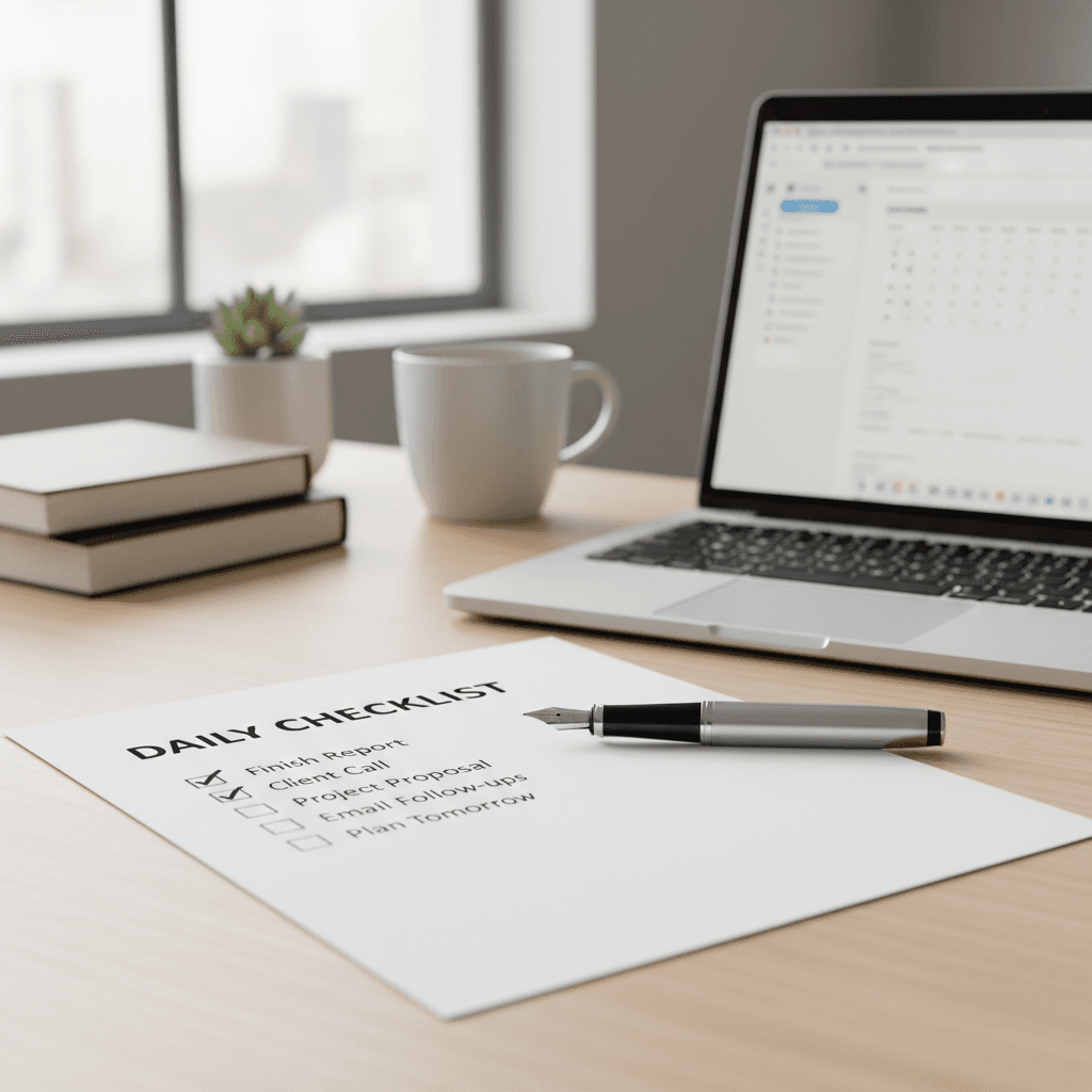 Clipboard with a checklist on a desk next to a laptop