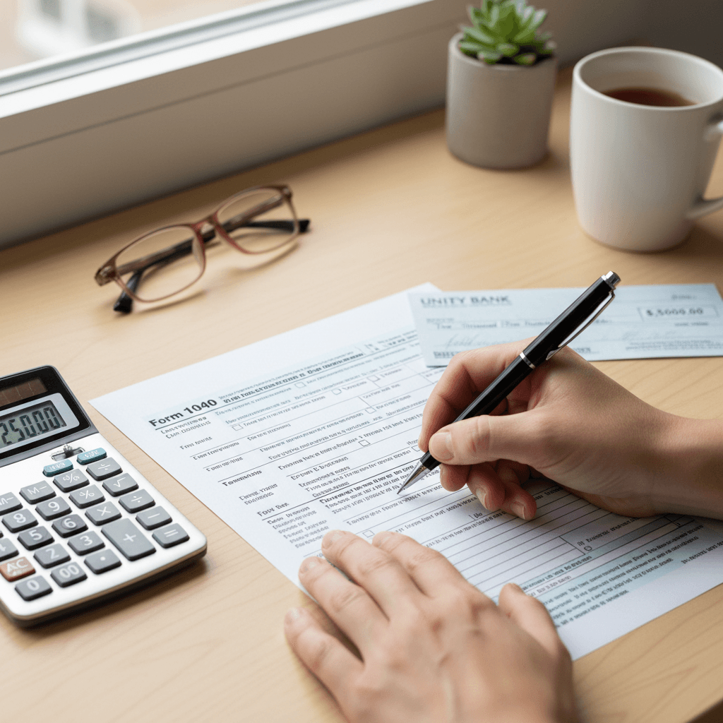 Hands filing a program documentation form with a calculator on a desk