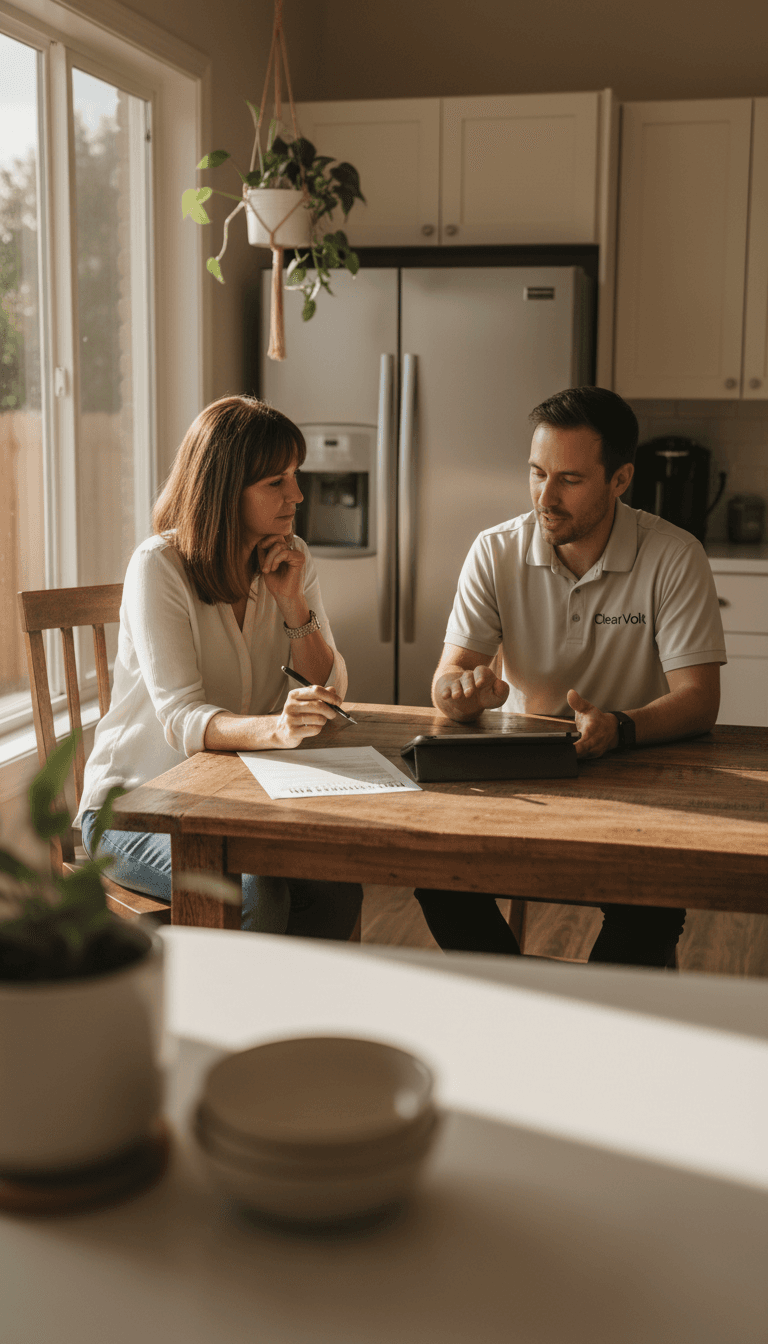 ClearVolt representative reviewing HEAR program details with a homeowner at a kitchen table