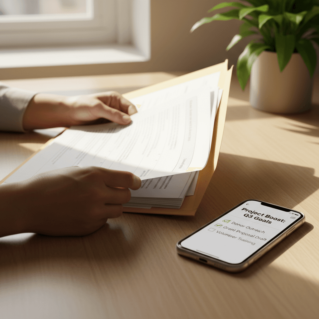 Hands reviewing a folder of documents on a desk