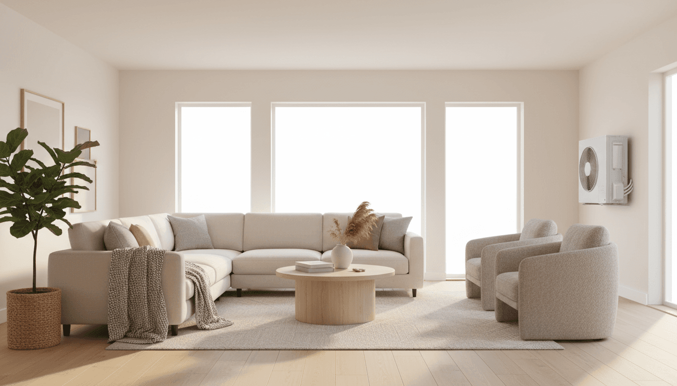 Bright living room in an energy-efficient home with a view of a heat pump outside