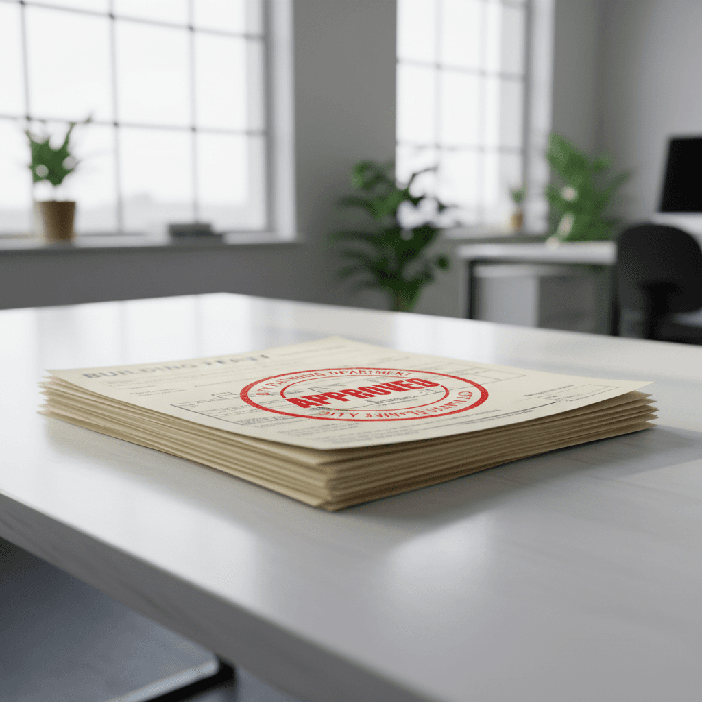 Approved building permit documents with a red stamp on a desk