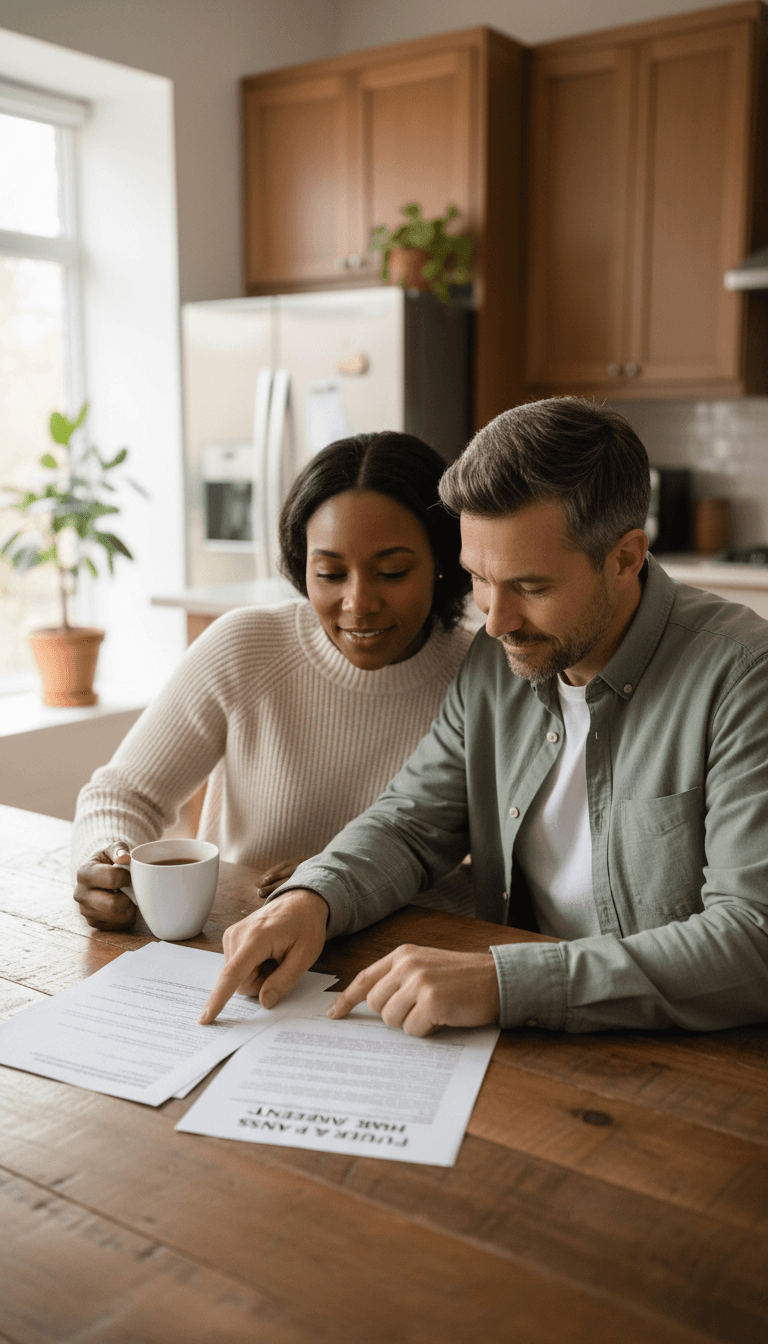 Couple reviewing eligibility documents at their kitchen table