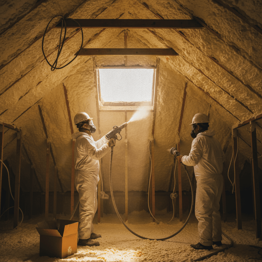 Contractor spraying insulation in an attic with rafters visible