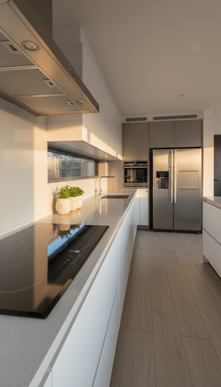 Modern kitchen showcasing a sleek electric induction stove with contemporary design