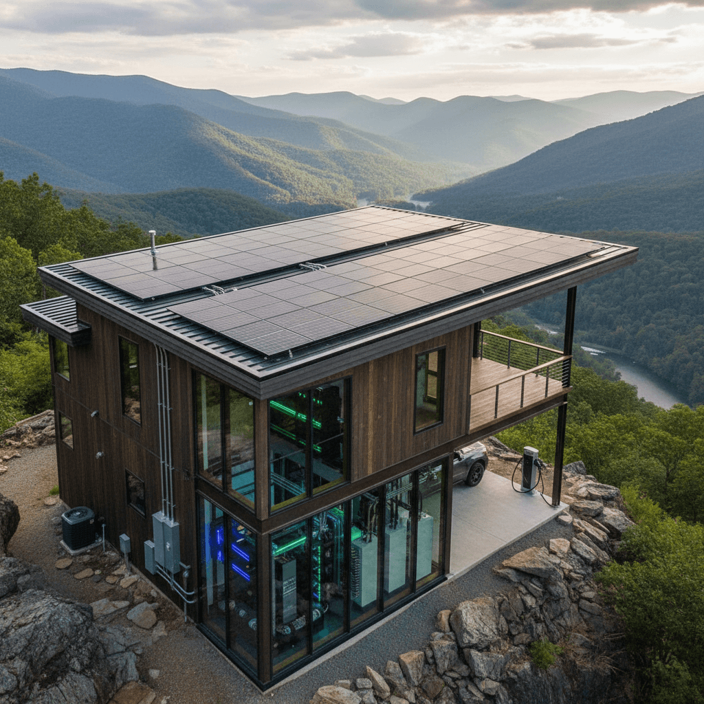 Mountain-view home with solar panels and electrical infrastructure