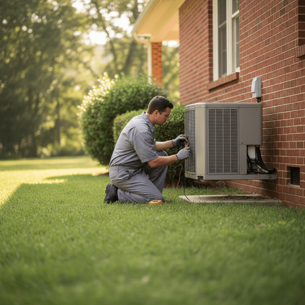 Technician checking a heat pump unit outside a suburban home