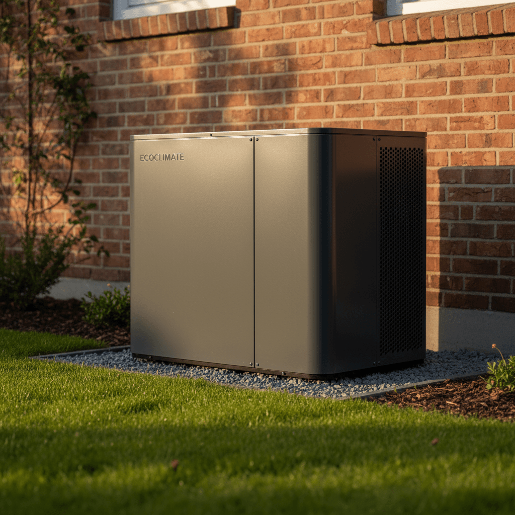 Modern heat pump installed outside a brick home