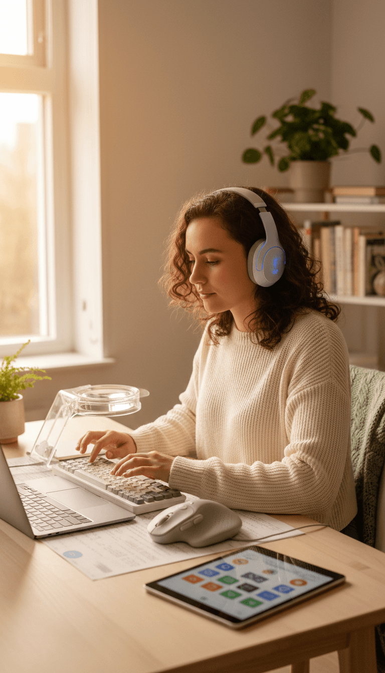 Person using assistive technology on a laptop in a bright home office