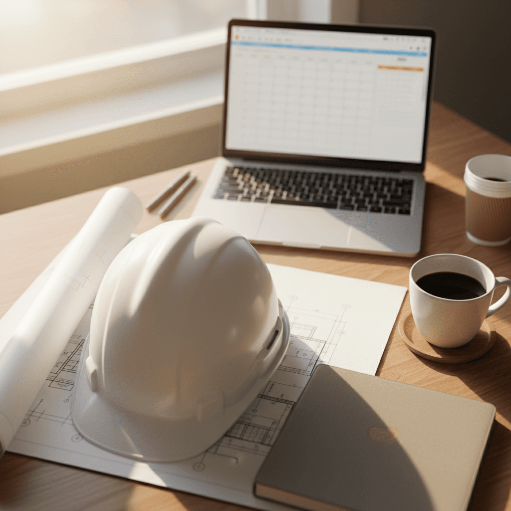 Project coordinator's desk with plans and supplies