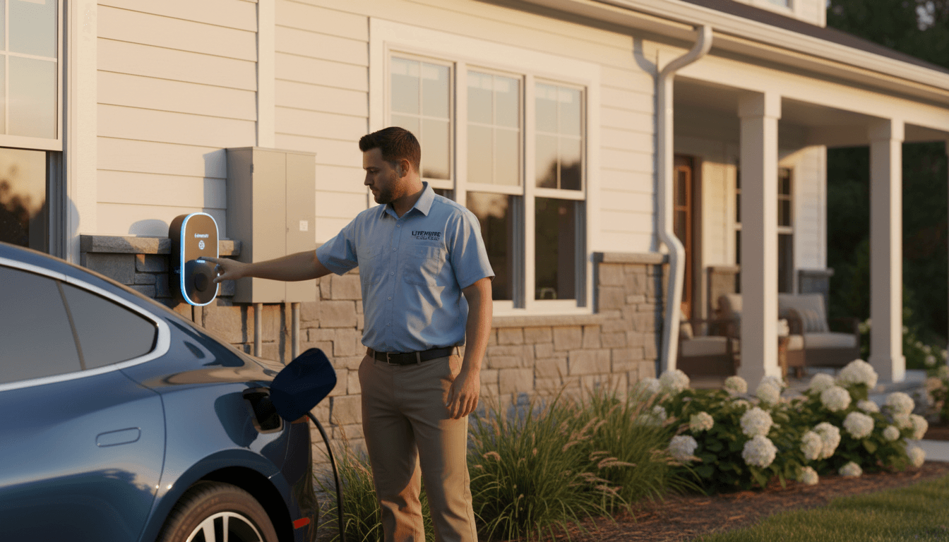 Electrician beside an EV charger at a North Carolina home