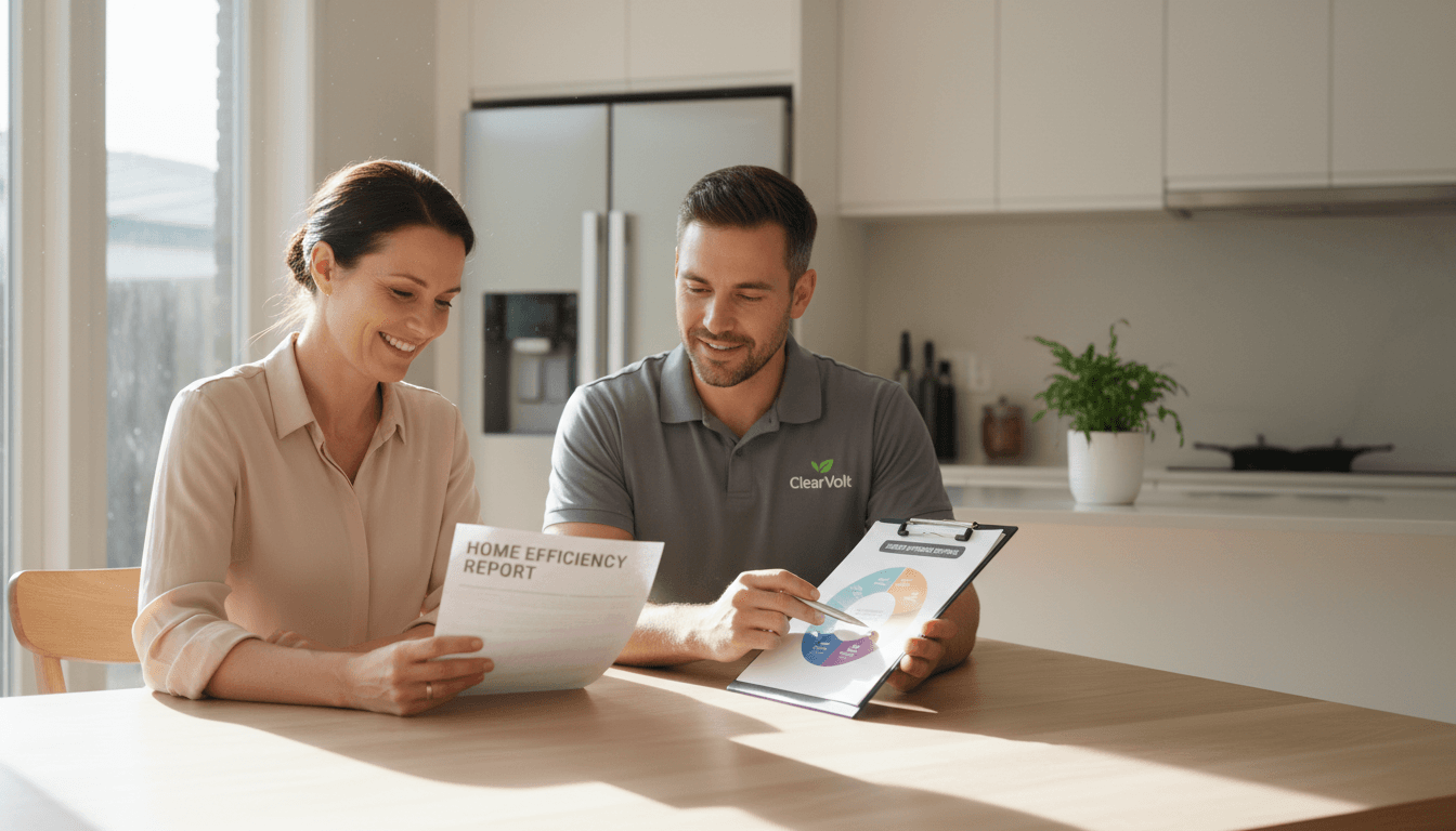 Homeowner discussing energy rebates with a ClearVolt technician