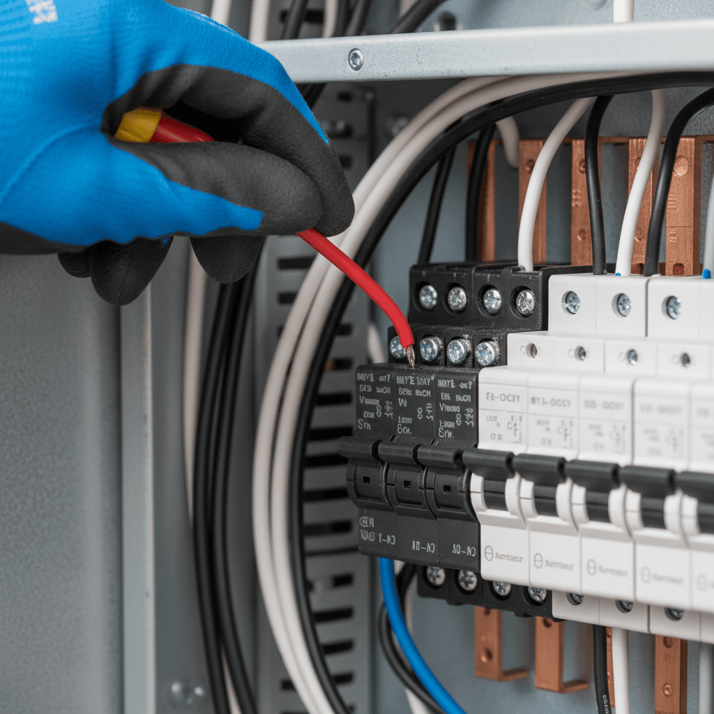 Electrician's hand working on a residential breaker panel