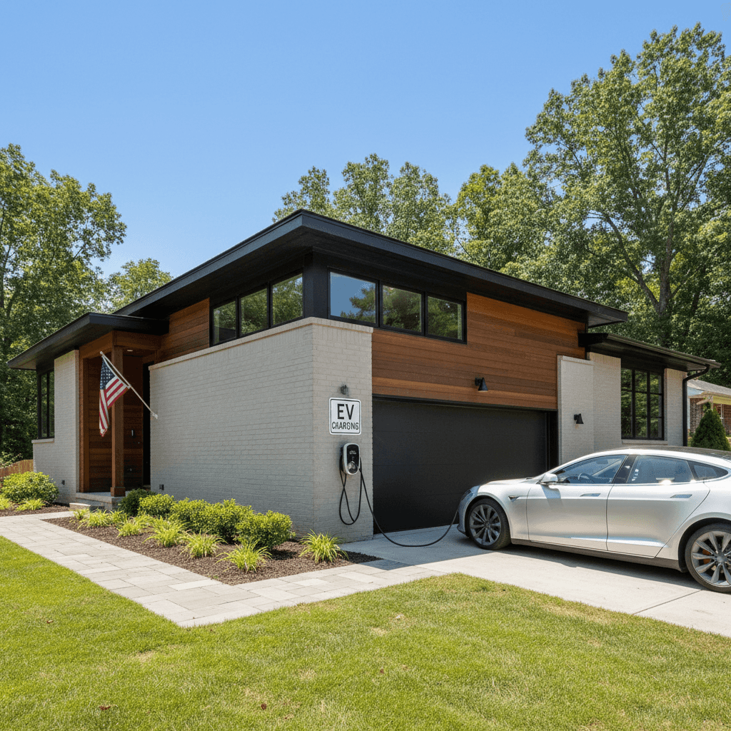 Suburban home with EV charger installed in the driveway