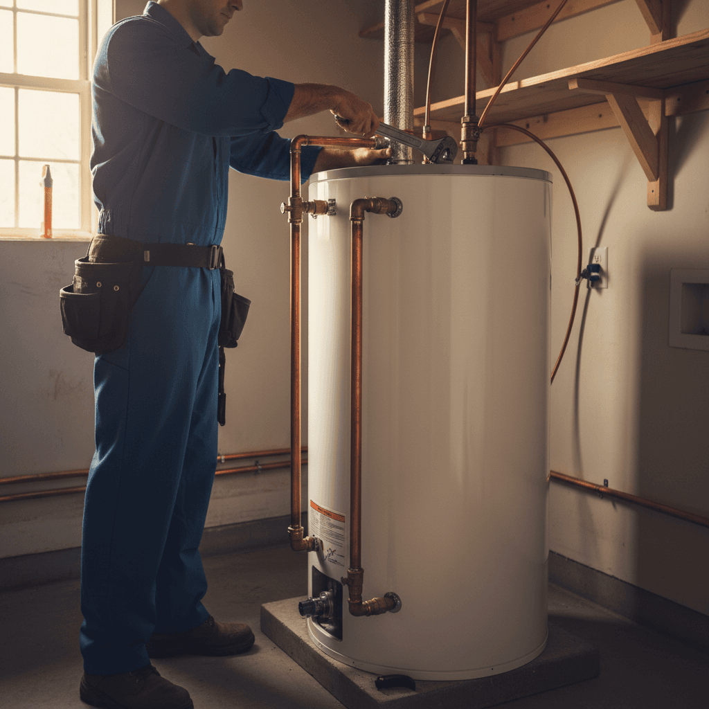 Plumber installing a heat pump water heater in a home utility room