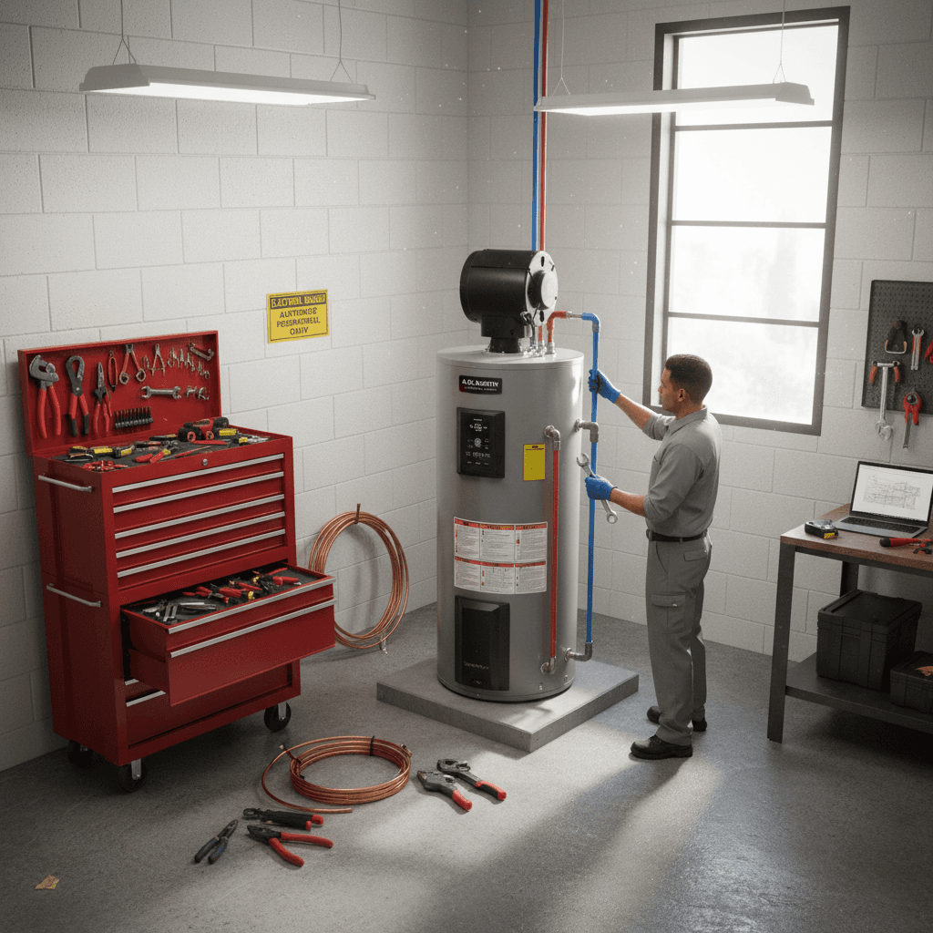Technician installing an electric heat pump water heater