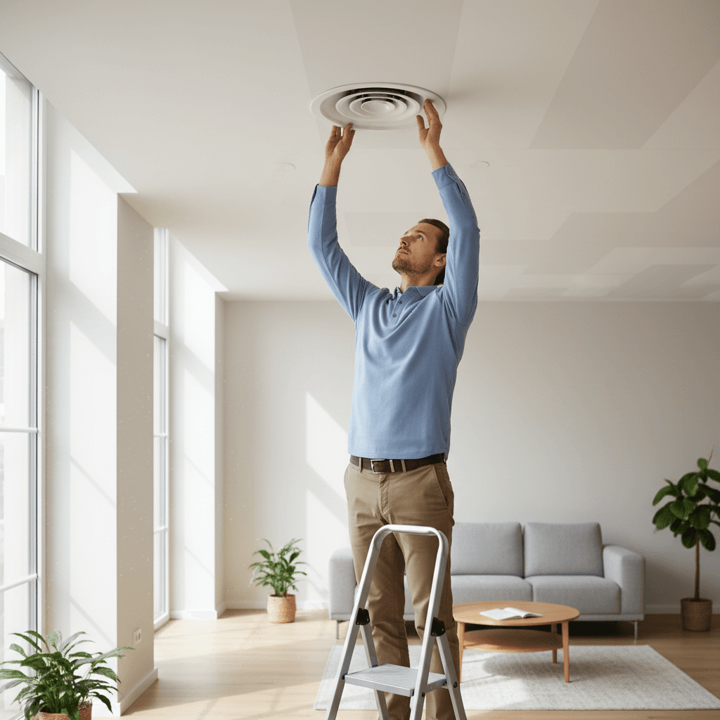 Technician adjusting a ceiling ventilation vent