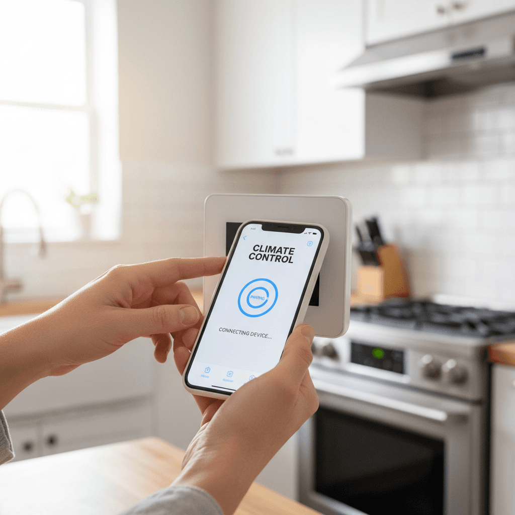 Homeowner connecting a smart thermostat to a smartphone app