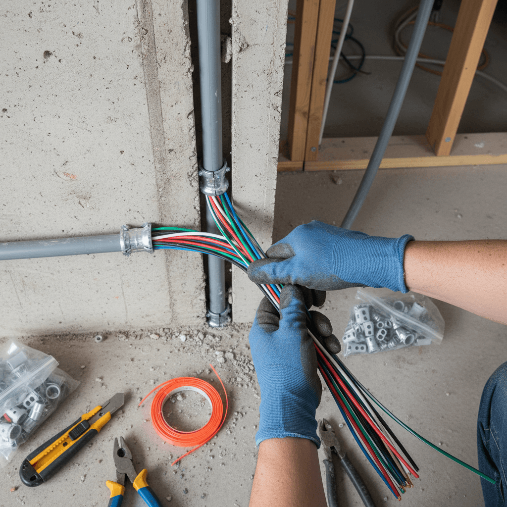 Electrician pulling new wiring through conduit