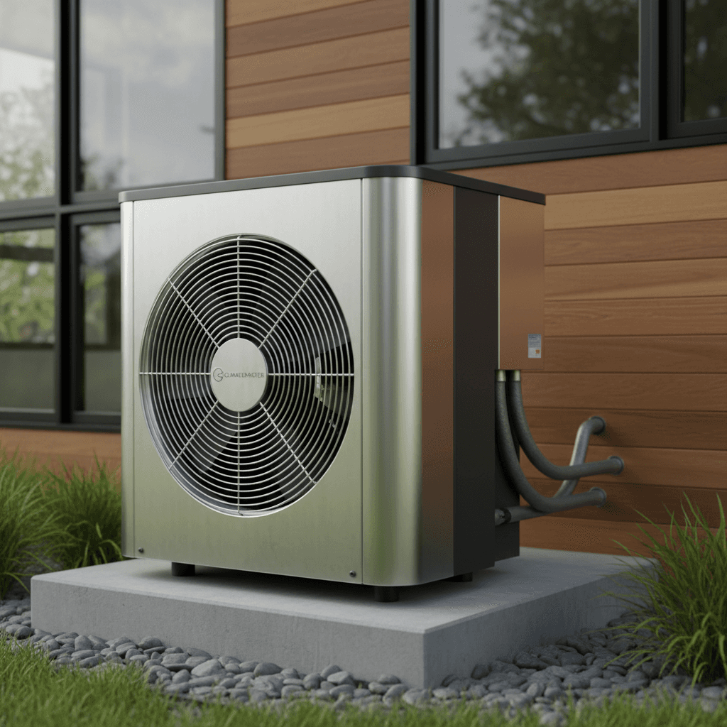 Modern heat pump unit installed outside a home