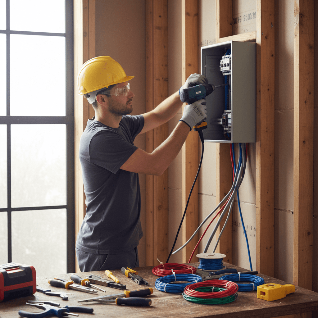 Technician professionally installing a new electrical panel