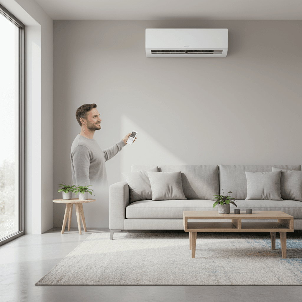 Wall-mounted mini split unit in a bright living room