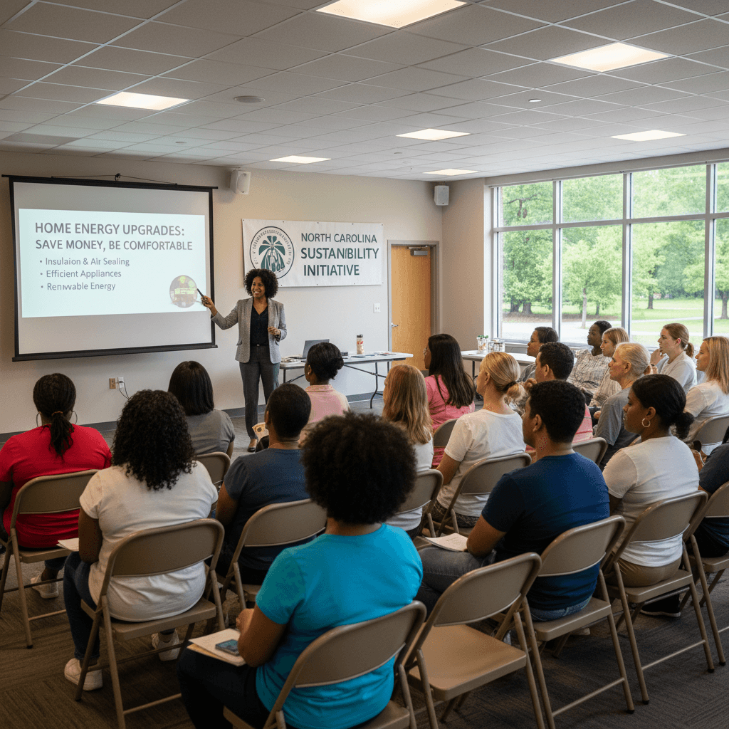Community meeting discussing home energy upgrades with attendees